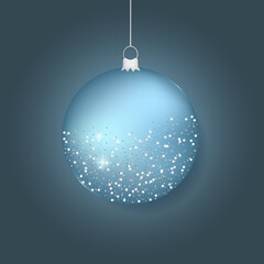 Realistic blue glitter shiny christmas ball. Holiday decoration with hanging christmas ball for greeting cards, posters, banners. Vector illustration.