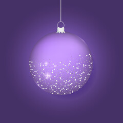 Realistic purple glitter shiny christmas ball. Holiday decoration with hanging christmas ball for greeting cards, posters, banners. Vector illustration.