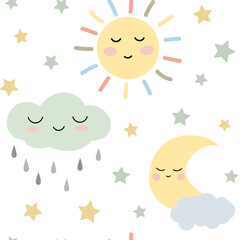 Cute boho pastel sleeping sun, moon, cloud with drops seamless pattern. Isolated on white background. Design for baby textile, wallpaper, fabric.