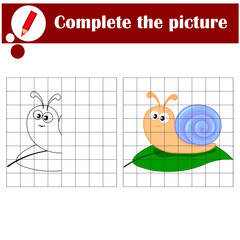 Copy the grid game, complete the educational game for kids. Printable kids activity sheet with cute snail. Learning to draw symmetry