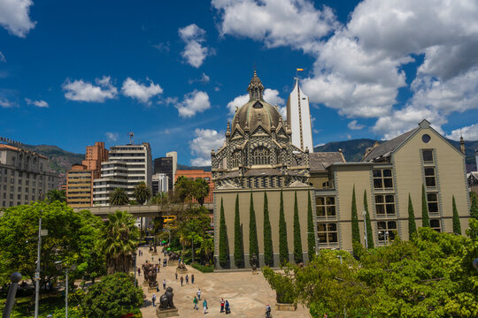 Medell&iacute;n, Antioquia, Colombia - June 20, 2020. Plaza Botero and Palace of Culture - Medell&iacute;n, Antioquia, Colombia