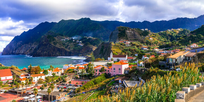 Picturesque idyllic coastal villages of Madeira island. Porto da Cruz panoramic view. Portugal