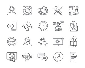 Customer support 24 by 7 icons. Line icons support, help icons assistant and call center operator