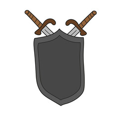 Simple cartoon icon. Medieval sword and shield. Vector hand drawn illustration on white