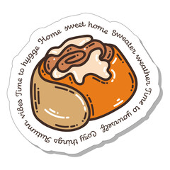 Colorful hand-drawn harvest stickers set with cinnamon bakery and lettering in doodle style isolated on white background. Cute vector collection for seasonal decoration.