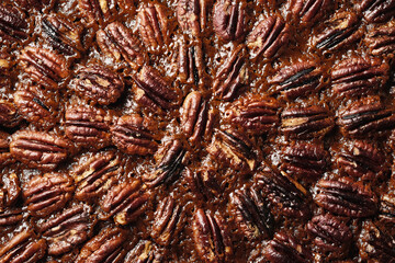 Pecan pie or tart with pecan nuts, close up. Traditional holiday dessert for Thanksgiving or Christmas