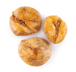 Heap of ripe dried figs isolated on white background, top view