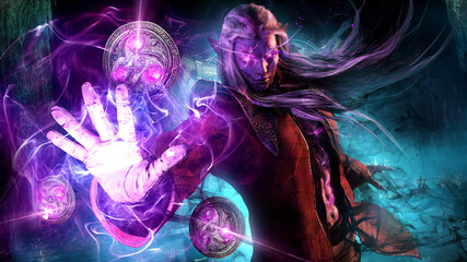 Fototapeta premium A sinister dark elf in a red jacket with long white hair, smitten with black filth, smokes with dark purple magic. He dynamically stretched out his hand forward casting a dark curse . 3d
