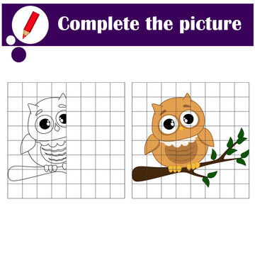 Copy the grid game, complete the educational game for kids. Printable kids activity sheet with cute owl. Learning to draw symmetry