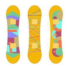 Bright multicolored snowboard. Snowboard for sports and outdoor activities. Ski equipment. Vector illustration isolated on a white background