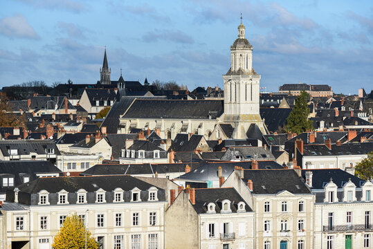 old town of Angers in France, view of the church and the roofs of the buildings.