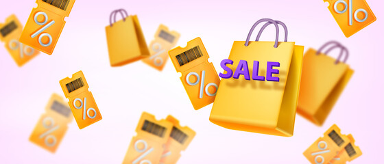 3D discount coupon banner, vector special offer flying voucher, shopping bag, online sale background. Event ticket bonus concept, customer loyalty special program, yellow pass. 3D coupon illustration - obrazy, fototapety, plakaty
