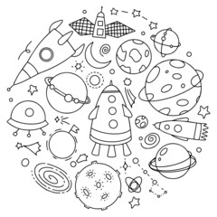 Doodle cosmos illustration set, design elements for any purposes. Hand drawn abstract space ship, planets, stars and ufo.
