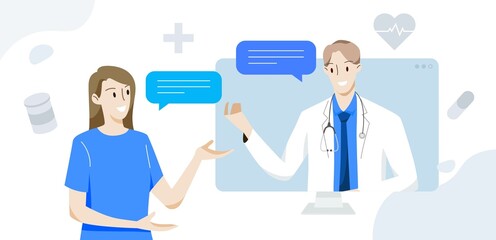 Male doctor consulting female patients online via computer. Healthcare and medical concept. Hand draw style. Vector illustration.