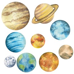 A set of round space planets of the solar system and the Moon, watercolor painting