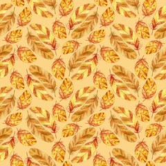 Light yellow orange bird feathers, seamless pattern on yellow background