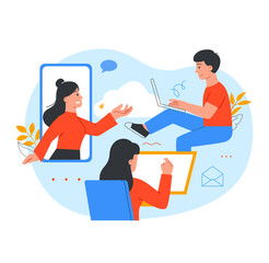 Business support abstract. Girls help man with creation of the project. Remote employees. Characters peek out of modern technical devices, digital world, gadget. Cartoon flat vector illustration