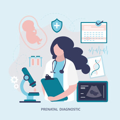 Scientist conducts prenatal research and genetic tests. Fetal ultrasound, artificial insemination - obrazy, fototapety, plakaty
