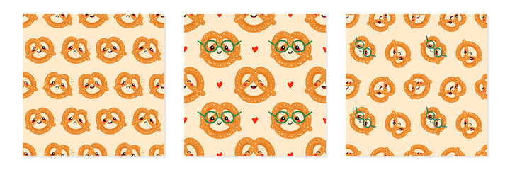 Set, collection of three vector seamless pattern backgrounds with smiling pretzel, knot-shaped baked pastry characters.
