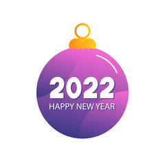Happy New Year 2022 vector greeting card, illustration with purple gradient christmas ornament, christmas ball and numbers.