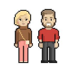 Pixel art set of cute couple of a man and a woman on a white background. - 470899264
