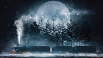 Night fantasy landscape with a train in a dark forest. A vintage train rides a railroad through the forest at night. Smoke, smog, fog, snow. 3D illustration.  © MiaStendal