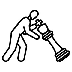 A person moves a large chess piece. A game of growth chess. Vector icon, outline, isolated.