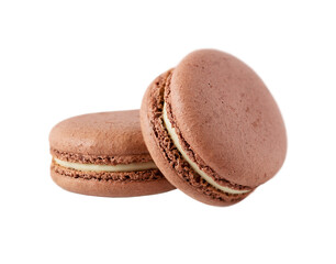 Two chocolate french macarons
isolated on white.