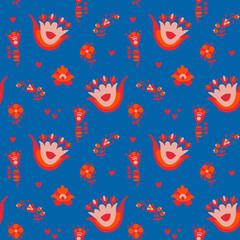 Fototapeta na wymiar Seamless pattern created from folk style elements on a blue background. For fabric, sketchbook, wallpaper, wrapping paper.