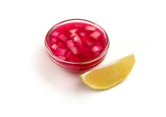 wine sauce Mignonette  with lemon on a white background