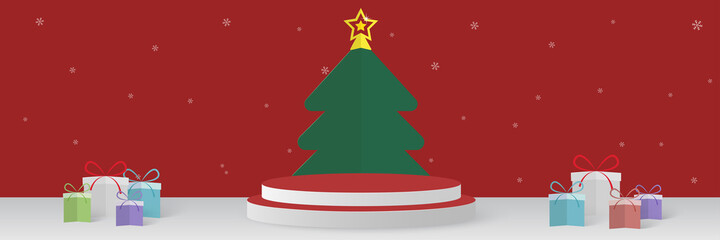 Merry Christmas banner with podium platform on red background. Happy new year stand to show product for christmas