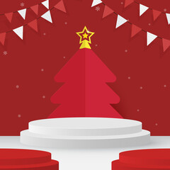 Merry Christmas banner with podium platform on red background. Happy new year stand to show product for christmas