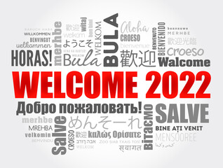 WELCOME 2022 word cloud in different languages, conceptual background