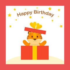It is a birthday card with a cute tiger in a gift box.