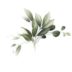 Bouquet of greenery, can be used as greeting card, invitation card for wedding, birthday and other holiday and  summer background. Watercolor illustration