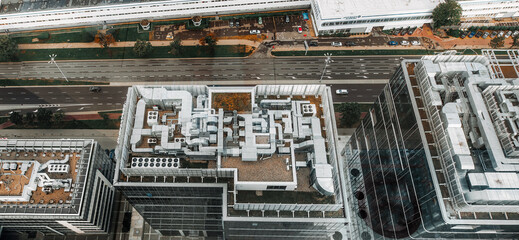 Aerial view of HVAC system on the roof top. Complex air conditioning system with pipes on the top...