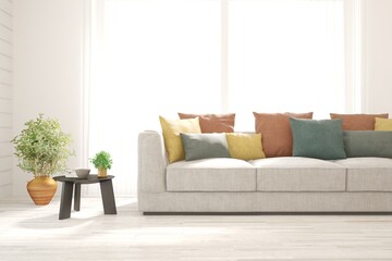White living room with sofa. Scandinavian interior design. 3D illustration