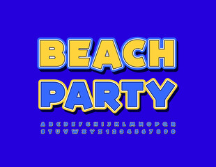 Vector poster template Beach Party. Set of sticker Alphabet Letters and Numbers. Modern funny Font