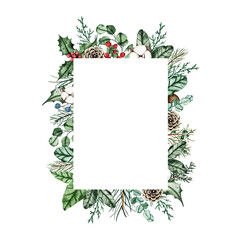 Watercolor christmas frame with fir branches, pine cone, cotton, leaves isolated on white background. Botanical winter greenery holiday illustration for wedding invitation card design - 470903831