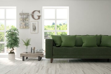 White living room with sofa and summer landscape in window. Scandinavian interior design. 3D illustration