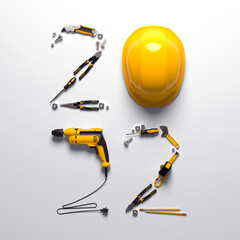 "2022" made from a set of construction tools and a protective helmet on a white background. Creative 2022 New Year calendar or felicitation template for building and engineering companies. 3D render.