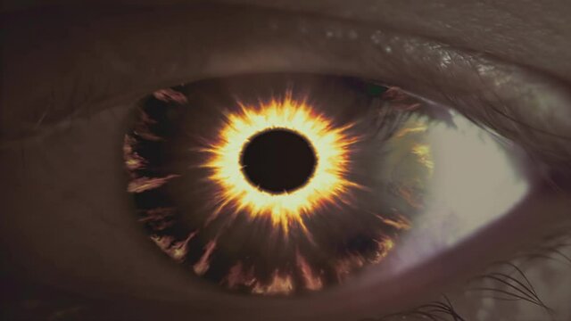 Evil eye with a burning iris. Fantasy or horror cinematic footage. Symbol of anger.