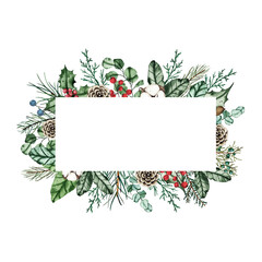 Watercolor christmas frame with fir branches, pine cone, cotton, leaves isolated on white background. Botanical winter greenery holiday illustration for wedding invitation card design - 470904454