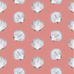 Seamless pattern of seashells made using stencil technique on a pink background. For fabric, sketchbook, wallpaper, wrapping paper.