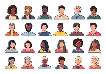 Set of persons, avatars, people heads of different ethnicity and age in flat style. Multi nationality social networks people faces collection. - 470904896