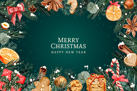 Christmas background with Christmas tree branches and decorations. Vector illustration