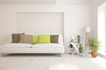 White living room with sofa. Scandinavian interior design. 3D illustration