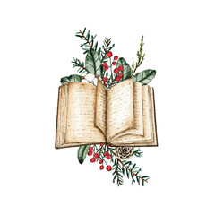Watercolor Christmas old book decorated with berries, fir branches isolated on white background. Winter holiday xmas celebration illustration