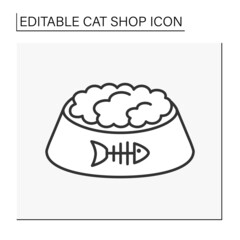  Snack line icon. Dry food for cats in a bowl. Fish skeleton design. Shop concept. Isolated vector illustration. Editable stroke