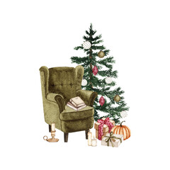 Watercolor Christmas cozy armchair, Christmas tree and gifts isolated on white background. Winter holiday xmas celebration illustration